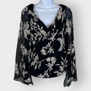 Vtg Whimsigoth Fairy Grunge Chiffon Blouse | Large | Cowl Neck Bell Sleeves Bead